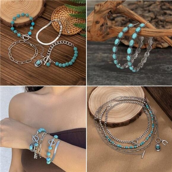 16 Pcs Western Jewelry for Women Bohemian Set, Faux Turquoise Jewelry Set - Picture 3 of 8